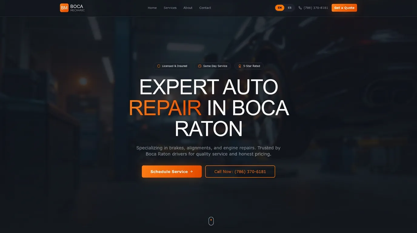 Boca Mechanic auto repair website homepage designed by TK Web Services