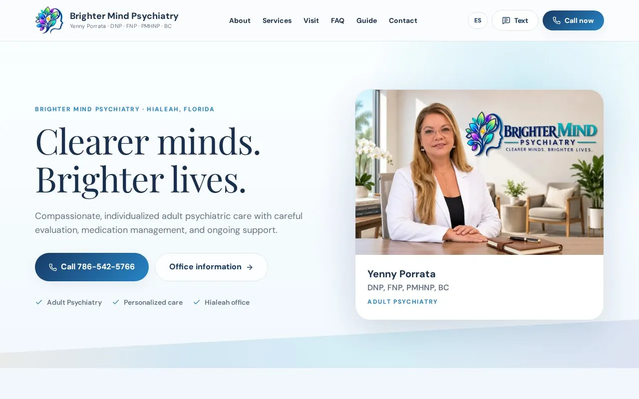 Brighter Mind Psychiatry website homepage designed by TK Web Services