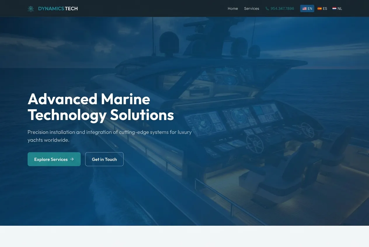 Dynamics Tech marine technology website homepage designed by TK Web Services